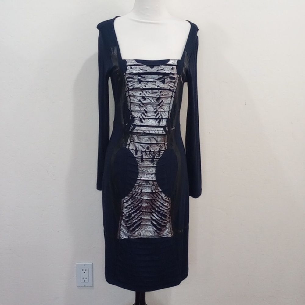 Vassalli Italy Navy Silver Painted Body Conscious Jersey Knit Midi Dress - M